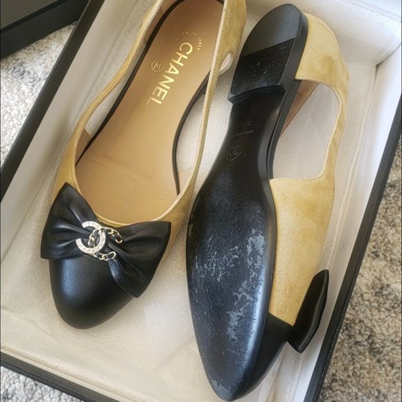 RARE Chanel CRYSTAL Leather & Suede Bow Flats size 38.5C 🎀💖😍🖤 - Picture 10 of 17